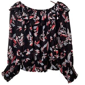 Laundry by Shelli Segal top blouse M black floral chiffon ruffled smocking NWT